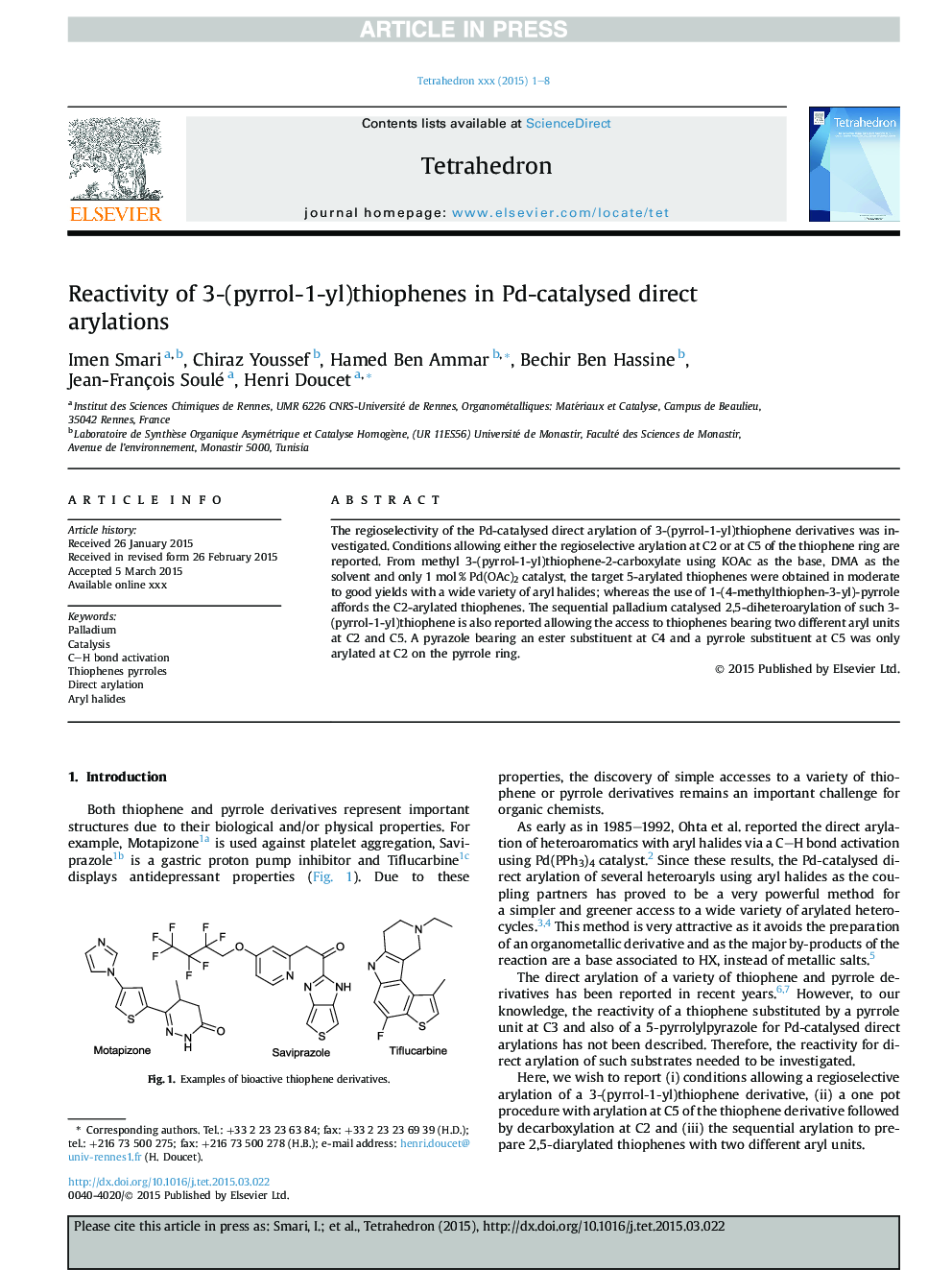 Reactivity of 3-(pyrrol-1-yl)thiophenes in Pd-catalysed direct arylations