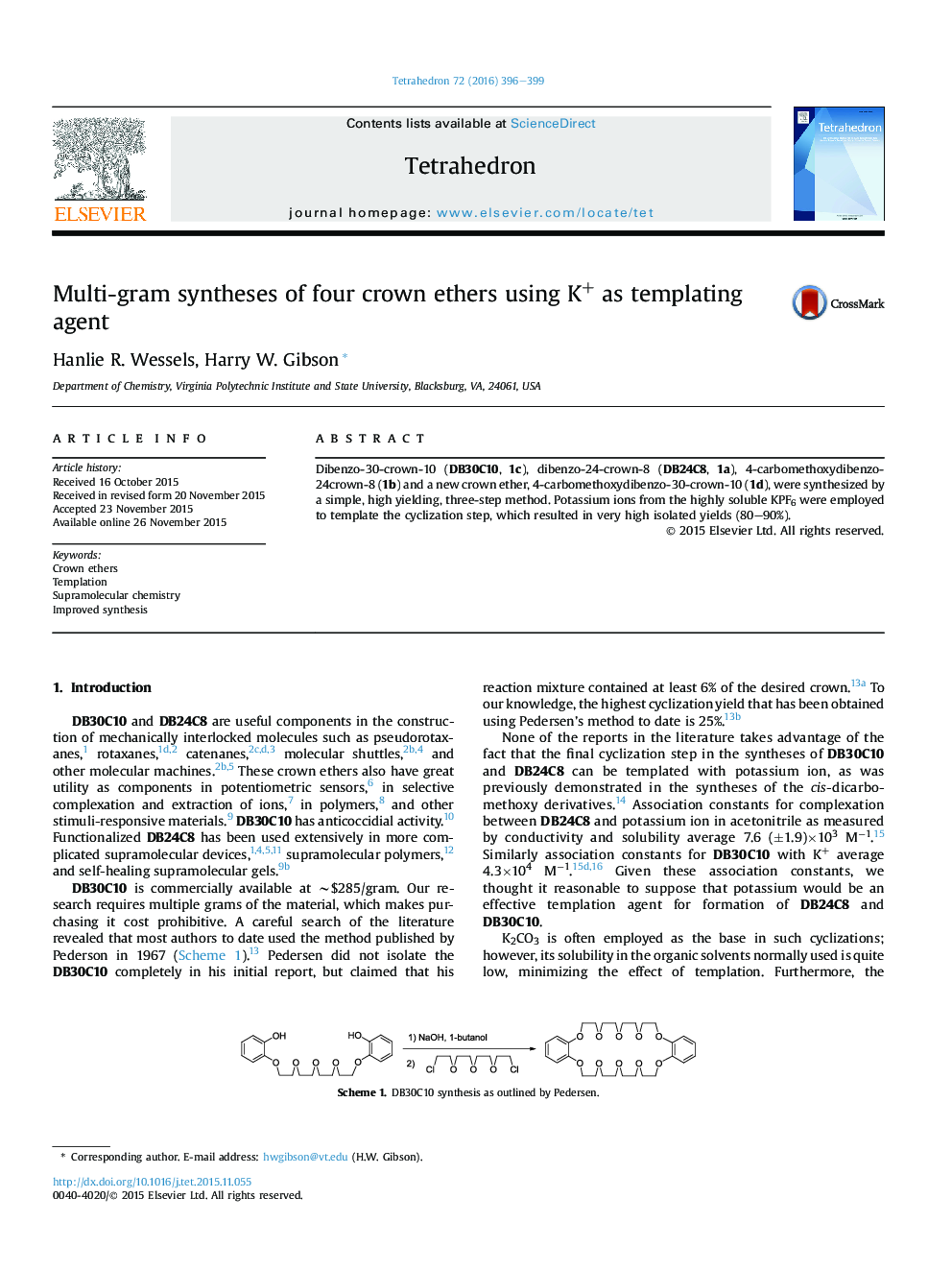 Multi-gram syntheses of four crown ethers using K+ as templating agent