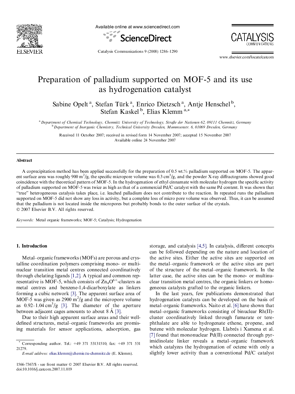 Preparation of palladium supported on MOF-5 and its use as hydrogenation catalyst