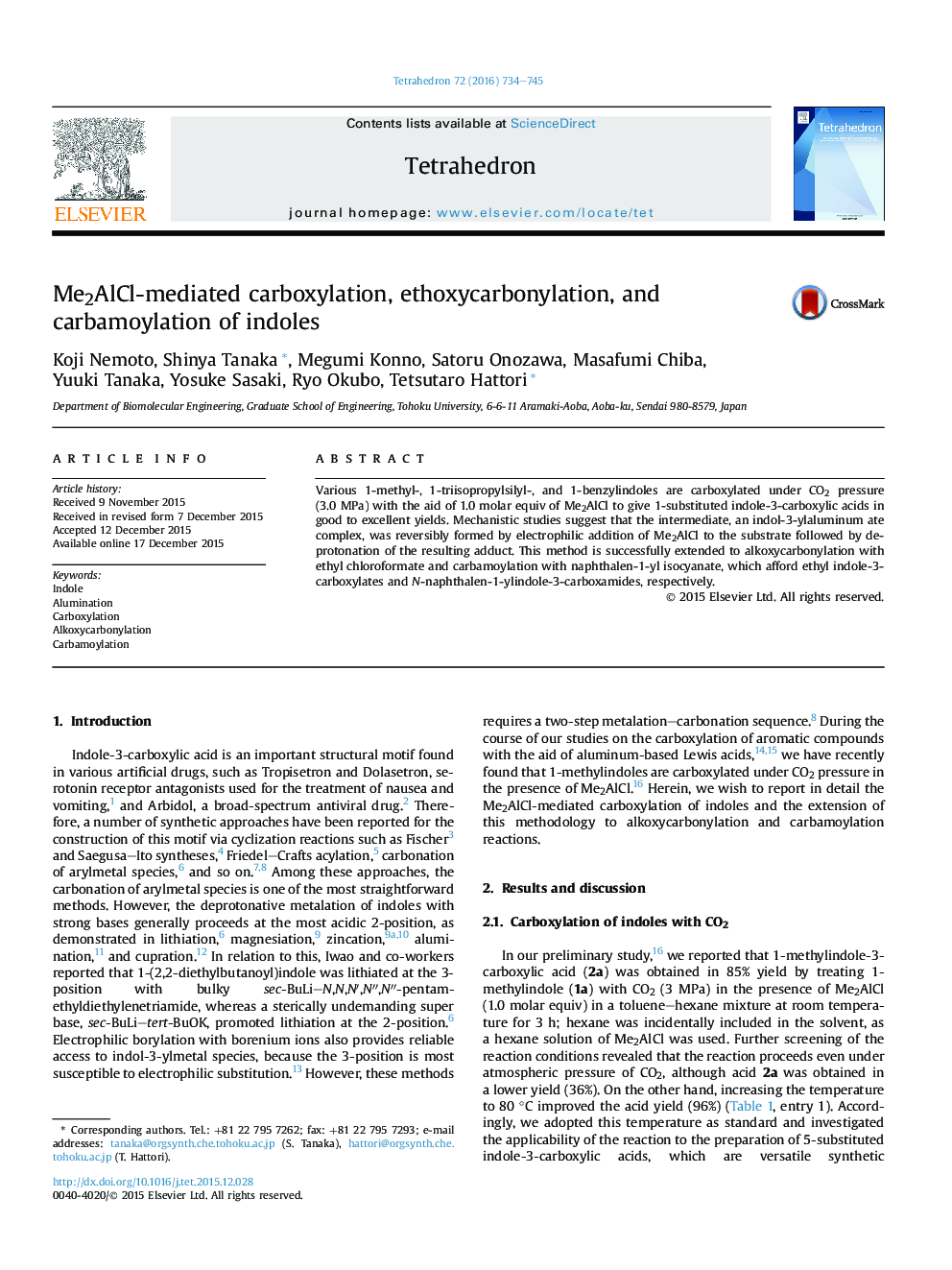 Me2AlCl-mediated carboxylation, ethoxycarbonylation, and carbamoylation of indoles