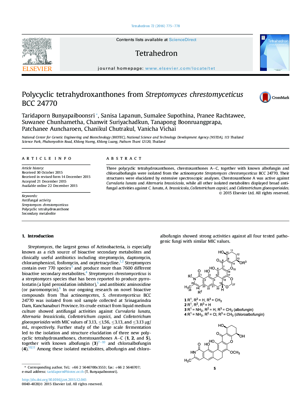 Polycyclic tetrahydroxanthones from Streptomyces chrestomyceticus BCC 24770