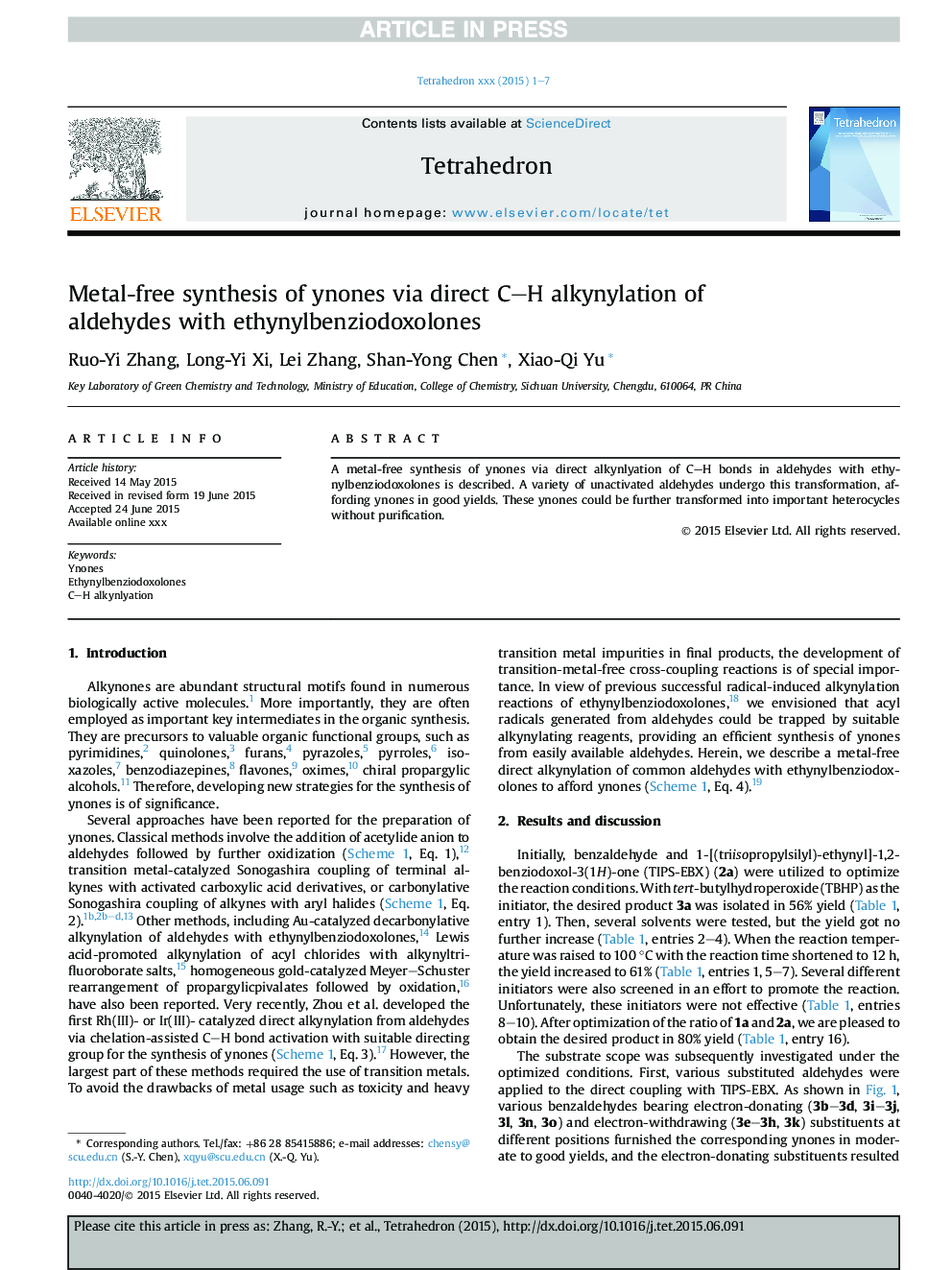 Metal-free synthesis of ynones via direct C-H alkynylation of aldehydes with ethynylbenziodoxolones