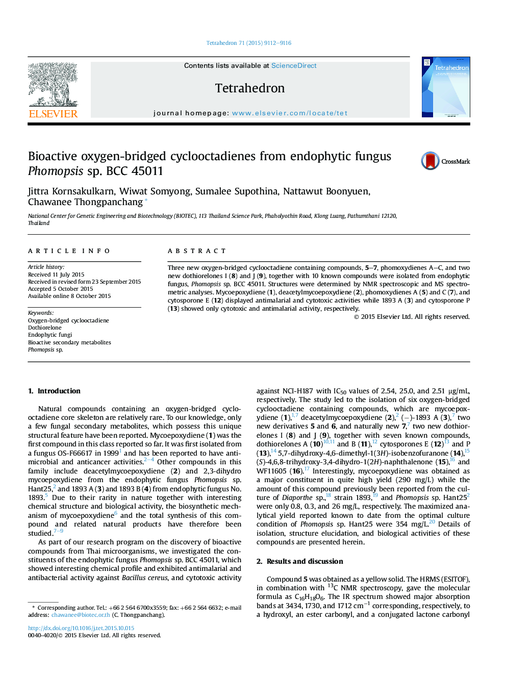 Bioactive oxygen-bridged cyclooctadienes from endophytic fungus Phomopsis sp. BCC 45011