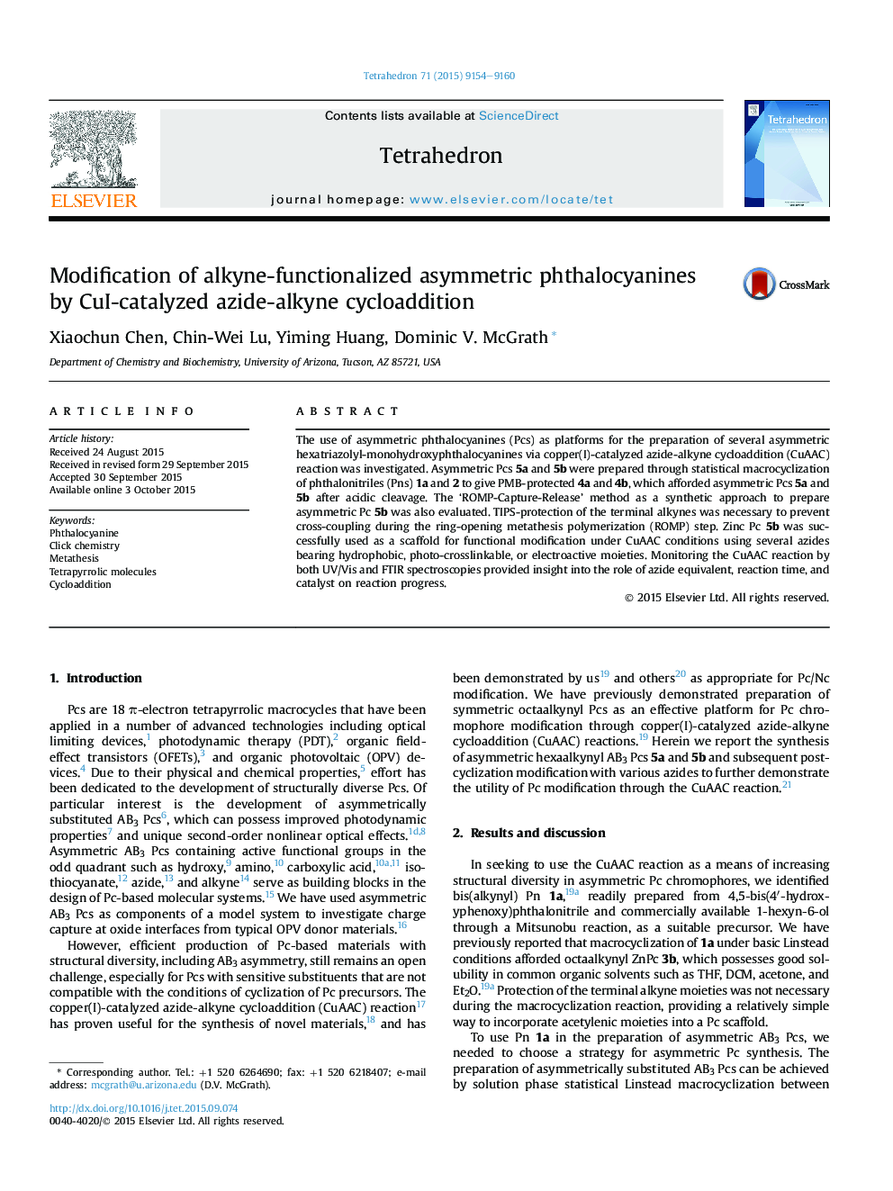 Modification of alkyne-functionalized asymmetric phthalocyanines by CuI-catalyzed azide-alkyne cycloaddition