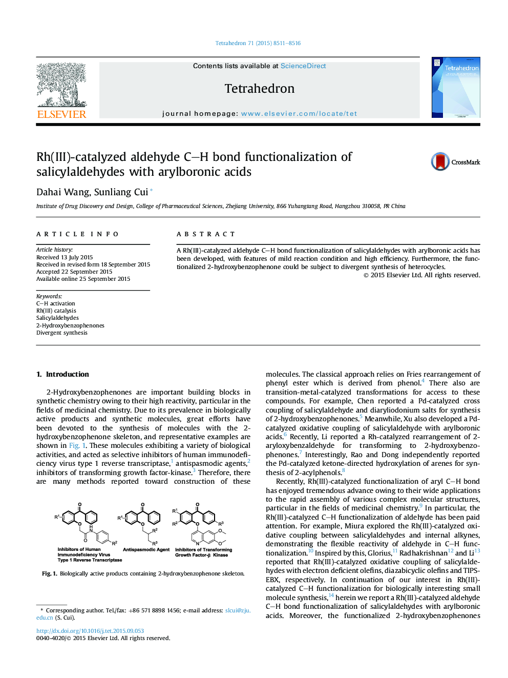 Rh(III)-catalyzed aldehyde C-H bond functionalization of salicylaldehydes with arylboronic acids