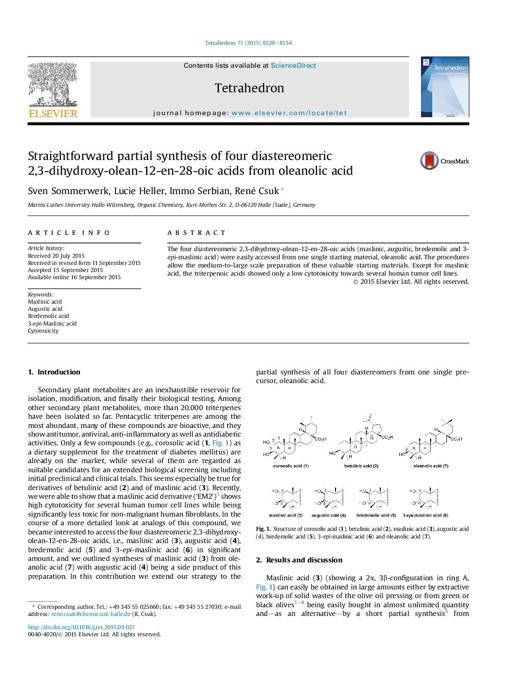 Straightforward partial synthesis of four diastereomeric 2,3-dihydroxy-olean-12-en-28-oic acids from oleanolic acid