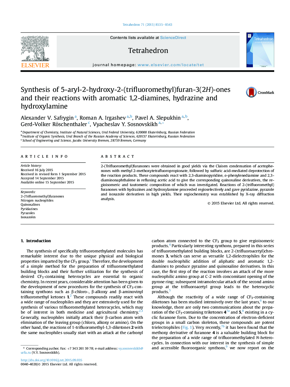 Synthesis of 5-aryl-2-hydroxy-2-(trifluoromethyl)furan-3(2H)-ones and their reactions with aromatic 1,2-diamines, hydrazine and hydroxylamine