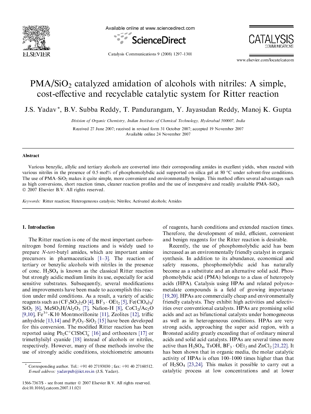 PMA/SiO2 catalyzed amidation of alcohols with nitriles: A simple, cost-effective and recyclable catalytic system for Ritter reaction