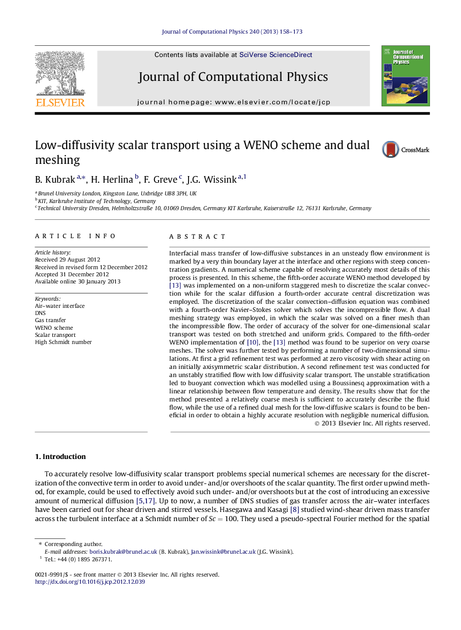 عکس صفحه اول مقاله: Low-diffusivity scalar transport using a WENO scheme and dual meshing Low-diffusivity scalar transport using a WENO scheme and dual meshing