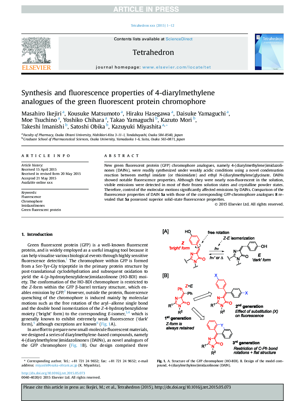 Synthesis and fluorescence properties of 4-diarylmethylene analogues of the green fluorescent protein chromophore