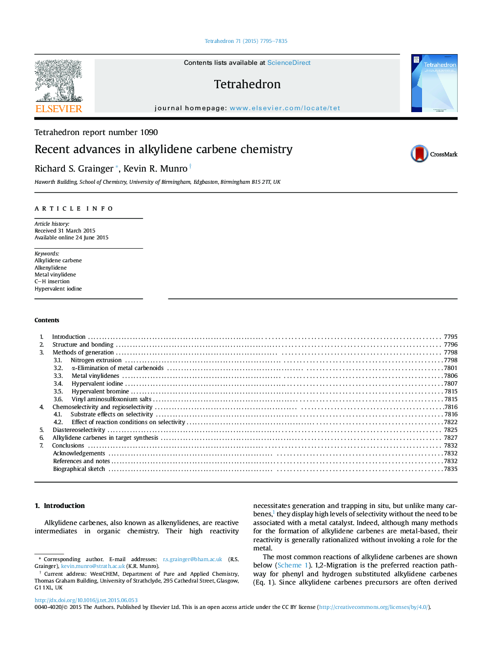 Tetrahedron report number 1090Recent advances in alkylidene carbene chemistry