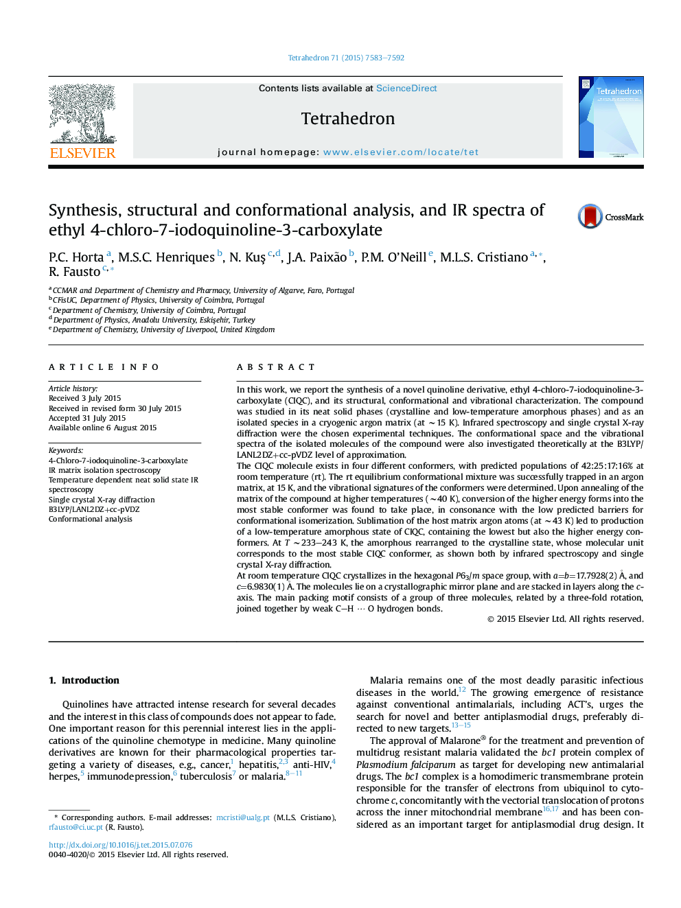 Synthesis, structural and conformational analysis, and IR spectra of ethyl 4-chloro-7-iodoquinoline-3-carboxylate