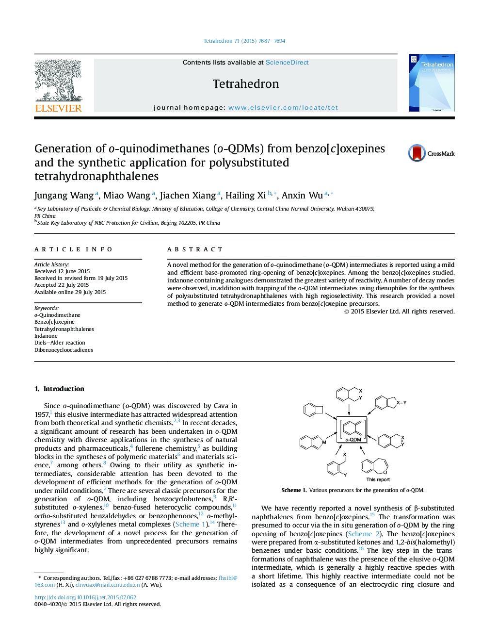 Generation of o-quinodimethanes (o-QDMs) from benzo[c]oxepines and the synthetic application for polysubstituted tetrahydronaphthalenes