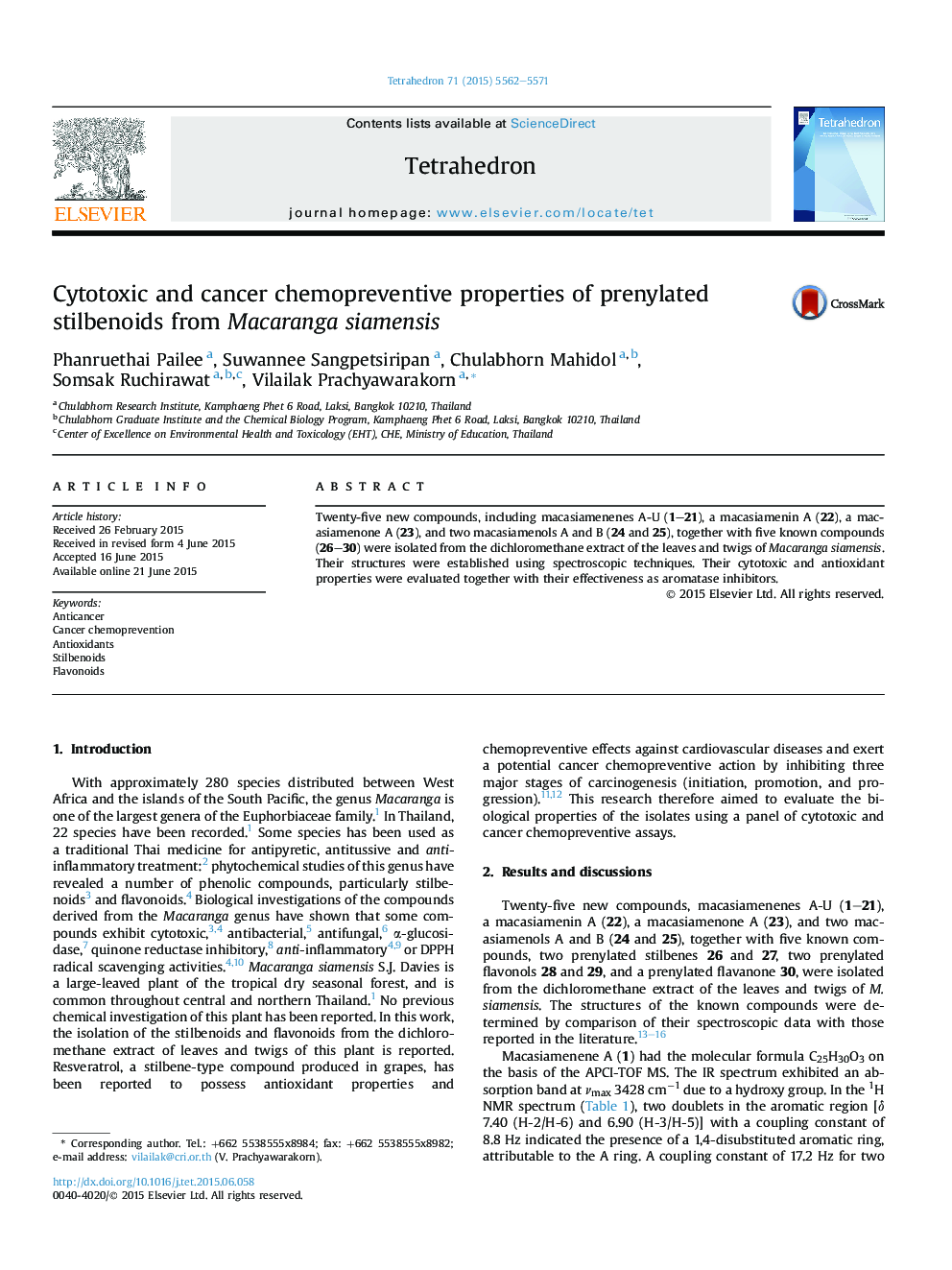 Cytotoxic and cancer chemopreventive properties of prenylated stilbenoids from Macaranga siamensis