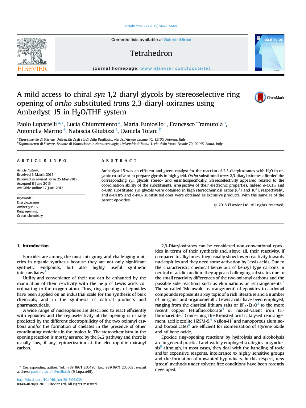 A mild access to chiral syn 1,2-diaryl glycols by stereoselective ring opening of ortho substituted trans 2,3-diaryl-oxiranes using Amberlyst 15 in H2O/THF system