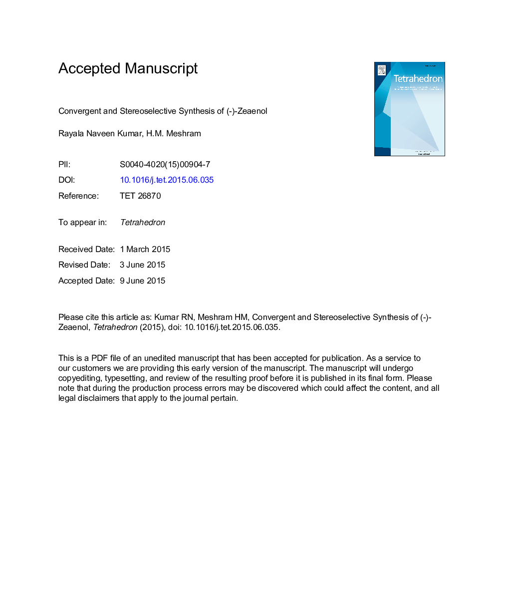 Convergent and stereoselective synthesis of (â)-zeaenol