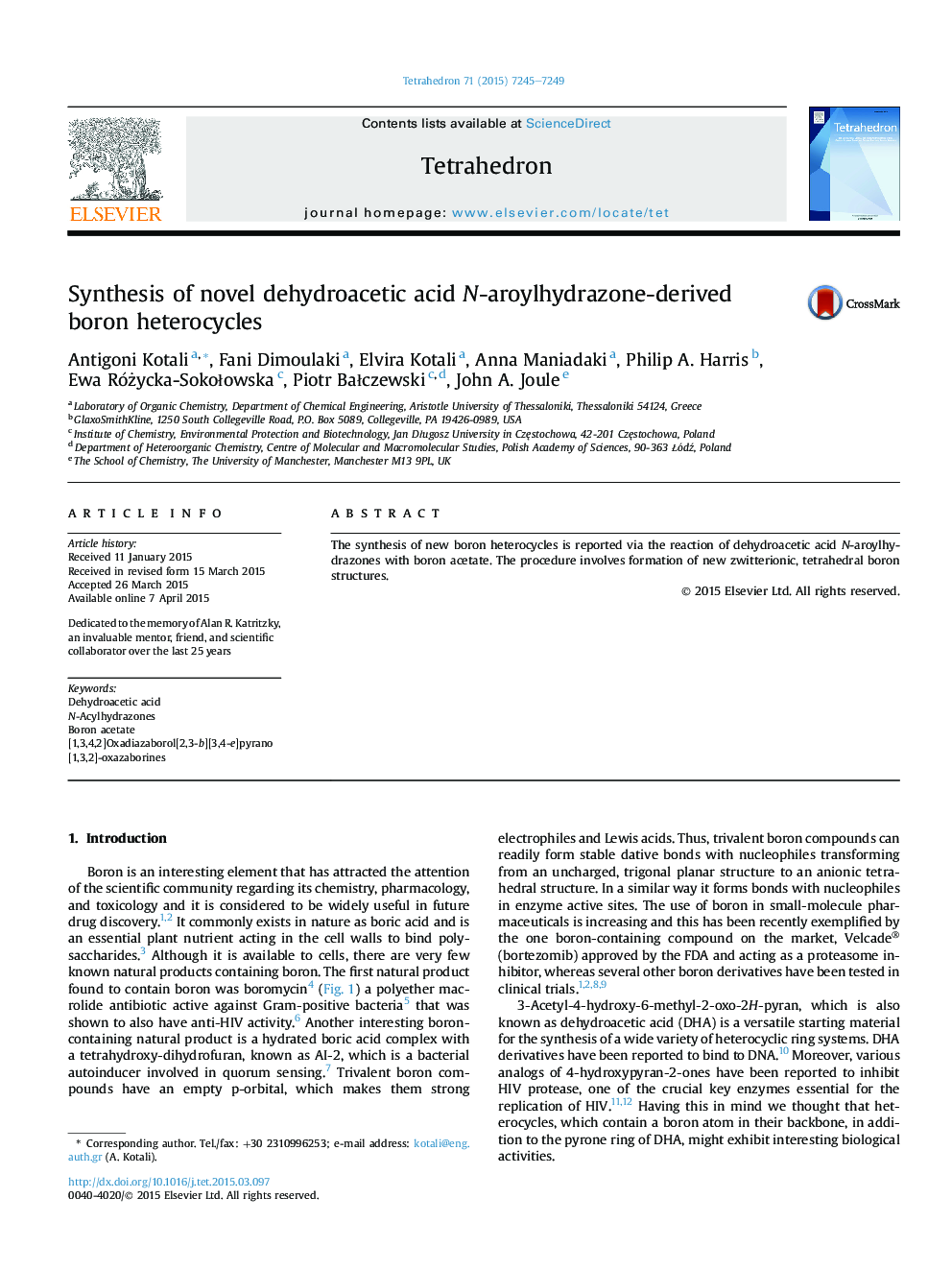 Synthesis of novel dehydroacetic acid N-aroylhydrazone-derived boron heterocycles