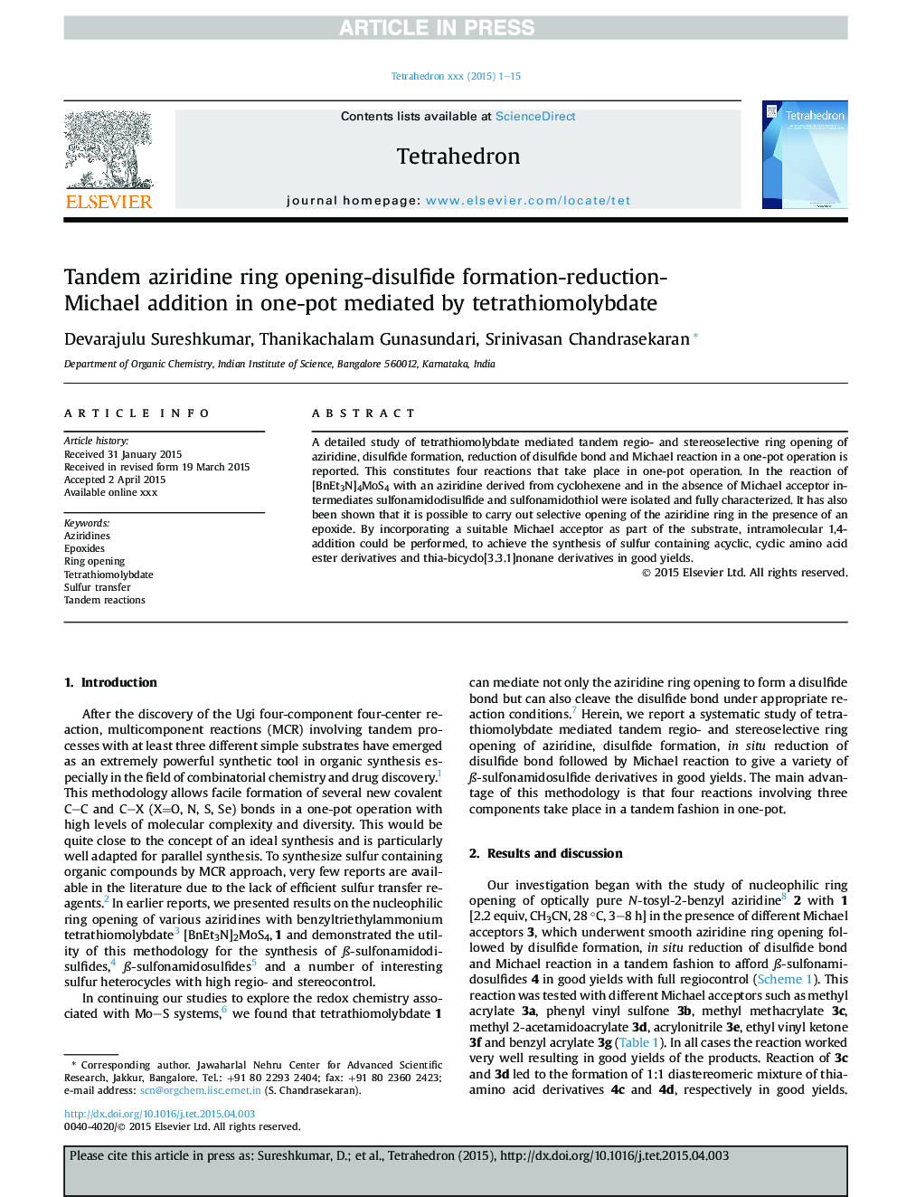 Tandem aziridine ring opening-disulfide formation-reduction-Michael addition in one-pot mediated by tetrathiomolybdate