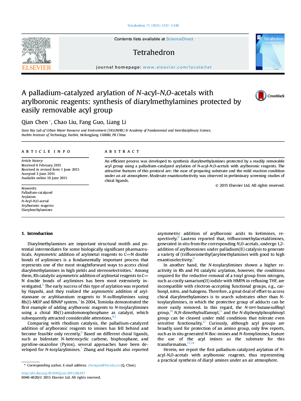 A palladium-catalyzed arylation of N-acyl-N,O-acetals with arylboronic reagents: synthesis of diarylmethylamines protected by easily removable acyl group