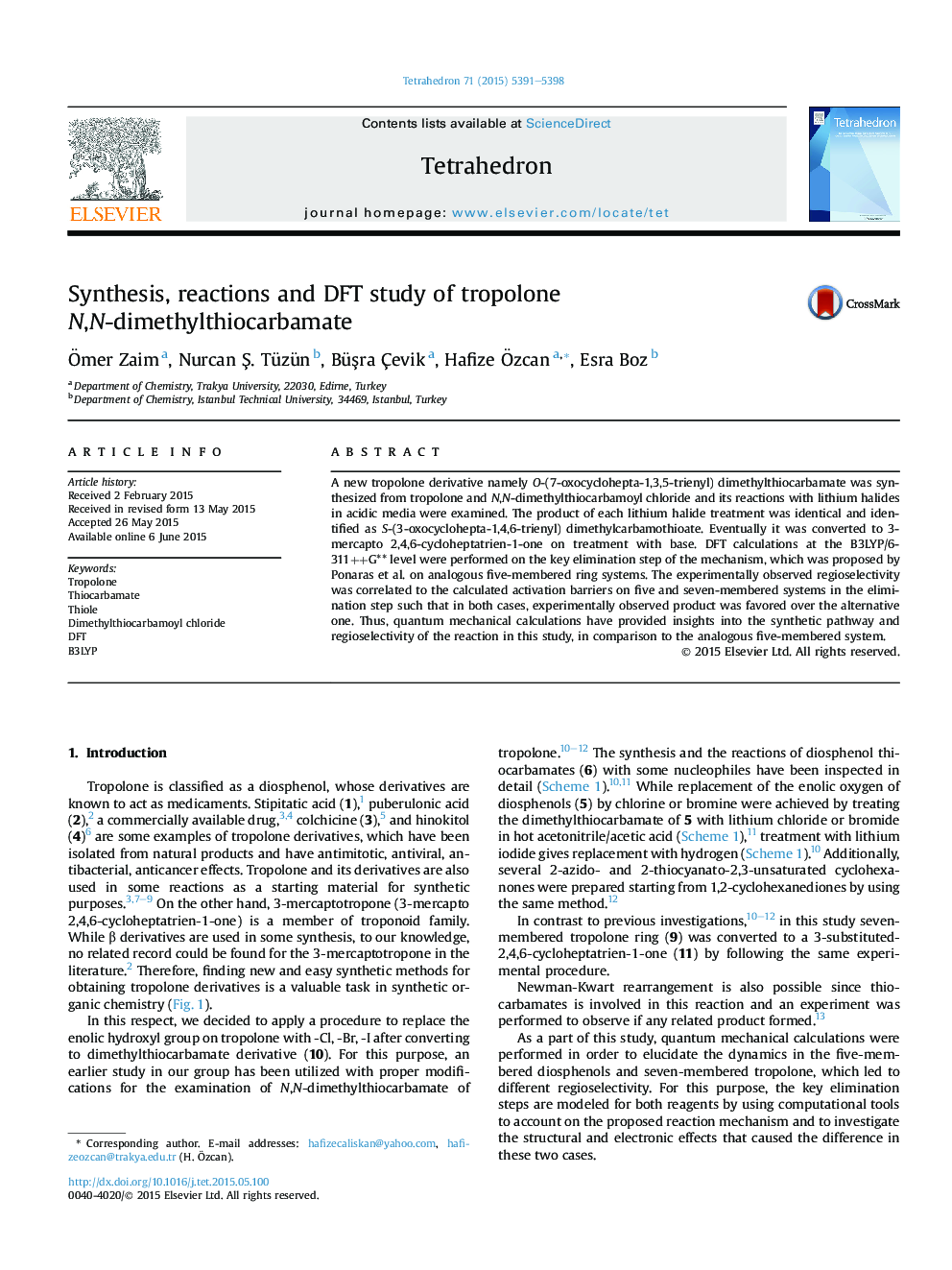 Synthesis, reactions and DFT study of tropolone N,N-dimethylthiocarbamate