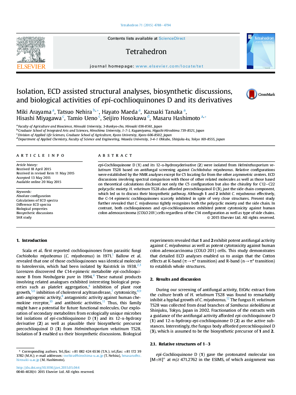 Isolation, ECD assisted structural analyses, biosynthetic discussions, and biological activities of epi-cochlioquinones D and its derivatives