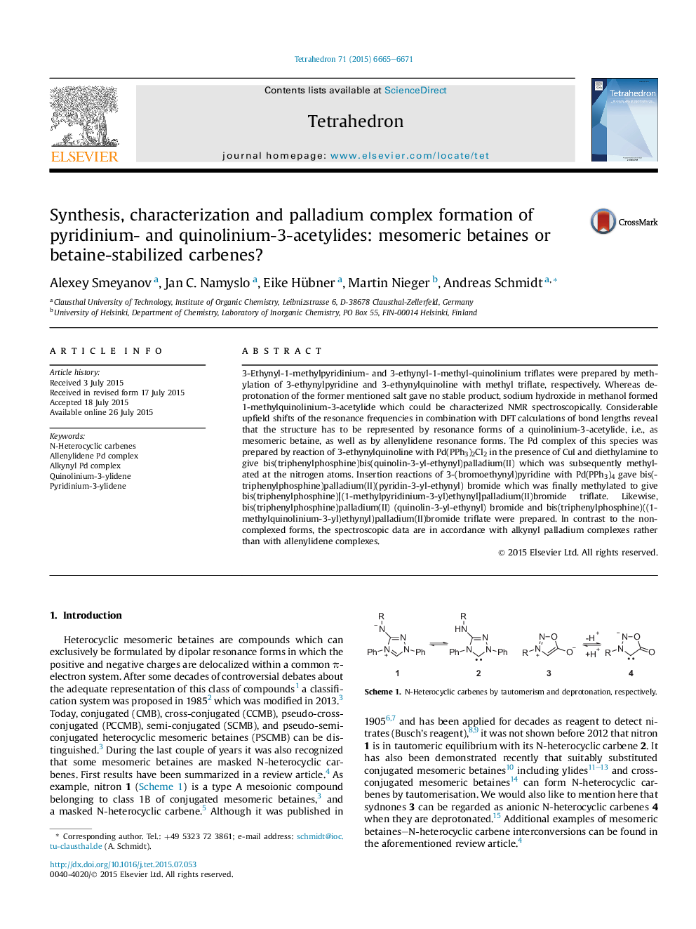 عکس صفحه اول مقاله: Synthesis, characterization and palladium complex formation of pyridinium- and quinolinium-3-acetylides: mesomeric betaines or betaine-stabilized carbenes? Synthesis, characterization and palladium complex formation of pyridinium- and quinolinium-3-acetylides: mesomeric betaines or betaine-stabilized carbenes?