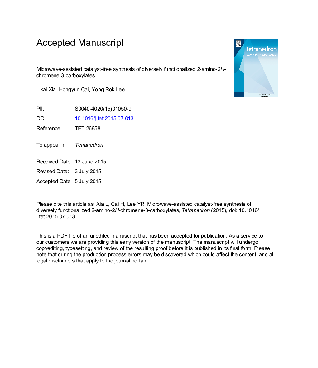 Microwave-assisted catalyst-free synthesis of diversely functionalized 2-amino-2H-chromene-3-carboxylates