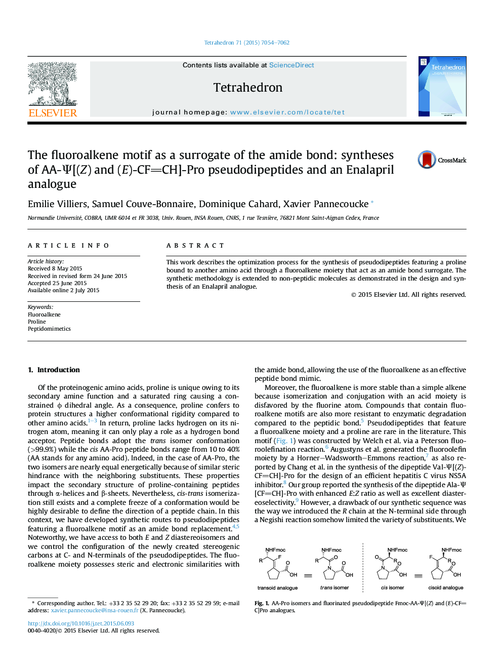 The fluoroalkene motif as a surrogate of the amide bond: syntheses of AA-Î¨[(Z) and (E)-CFCH]-Pro pseudodipeptides and an Enalapril analogue