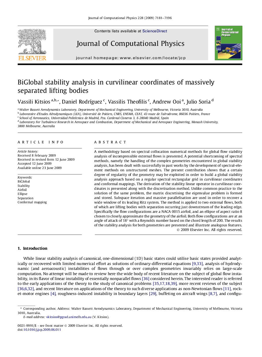 BiGlobal stability analysis in curvilinear coordinates of massively separated lifting bodies