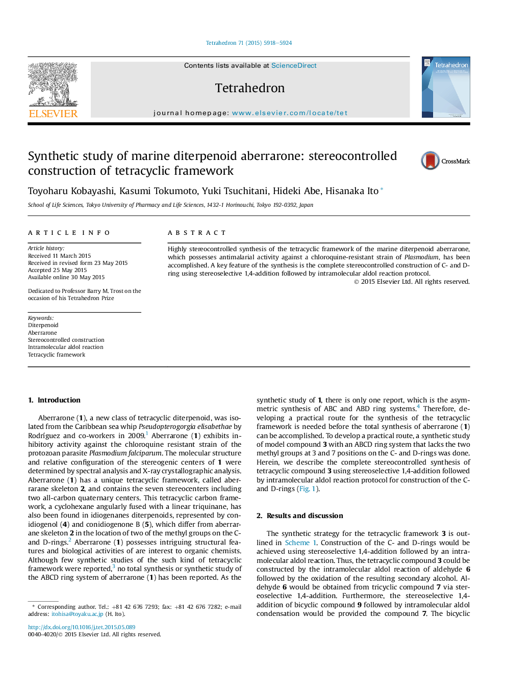 Synthetic study of marine diterpenoid aberrarone: stereocontrolled construction of tetracyclic framework