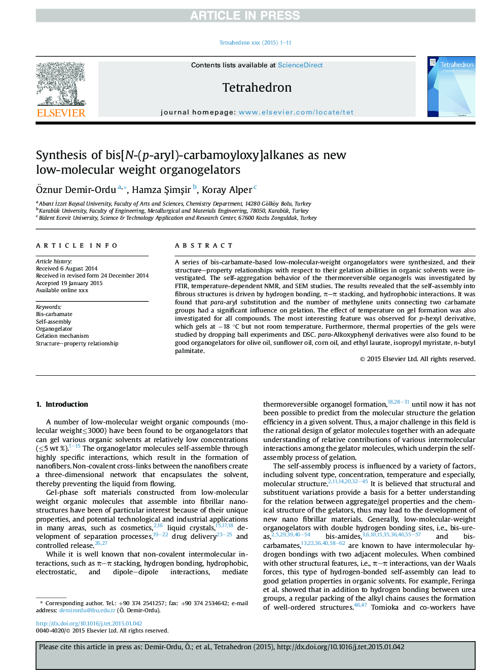 Synthesis of bis[N-(p-aryl)-carbamoyloxy]alkanes as new low-molecular weight organogelators