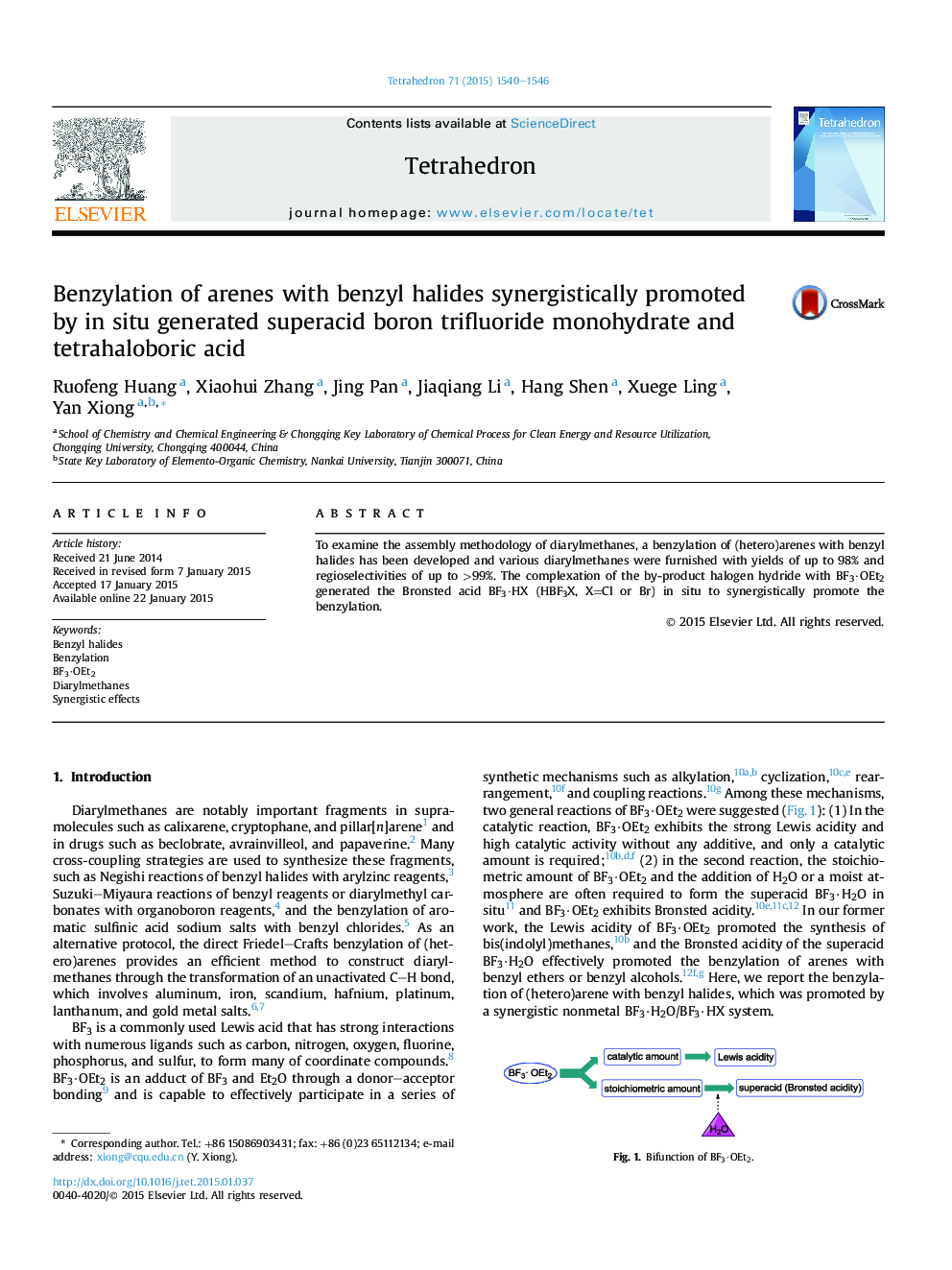 Benzylation of arenes with benzyl halides synergistically promoted by in situ generated superacid boron trifluoride monohydrate and tetrahaloboric acid