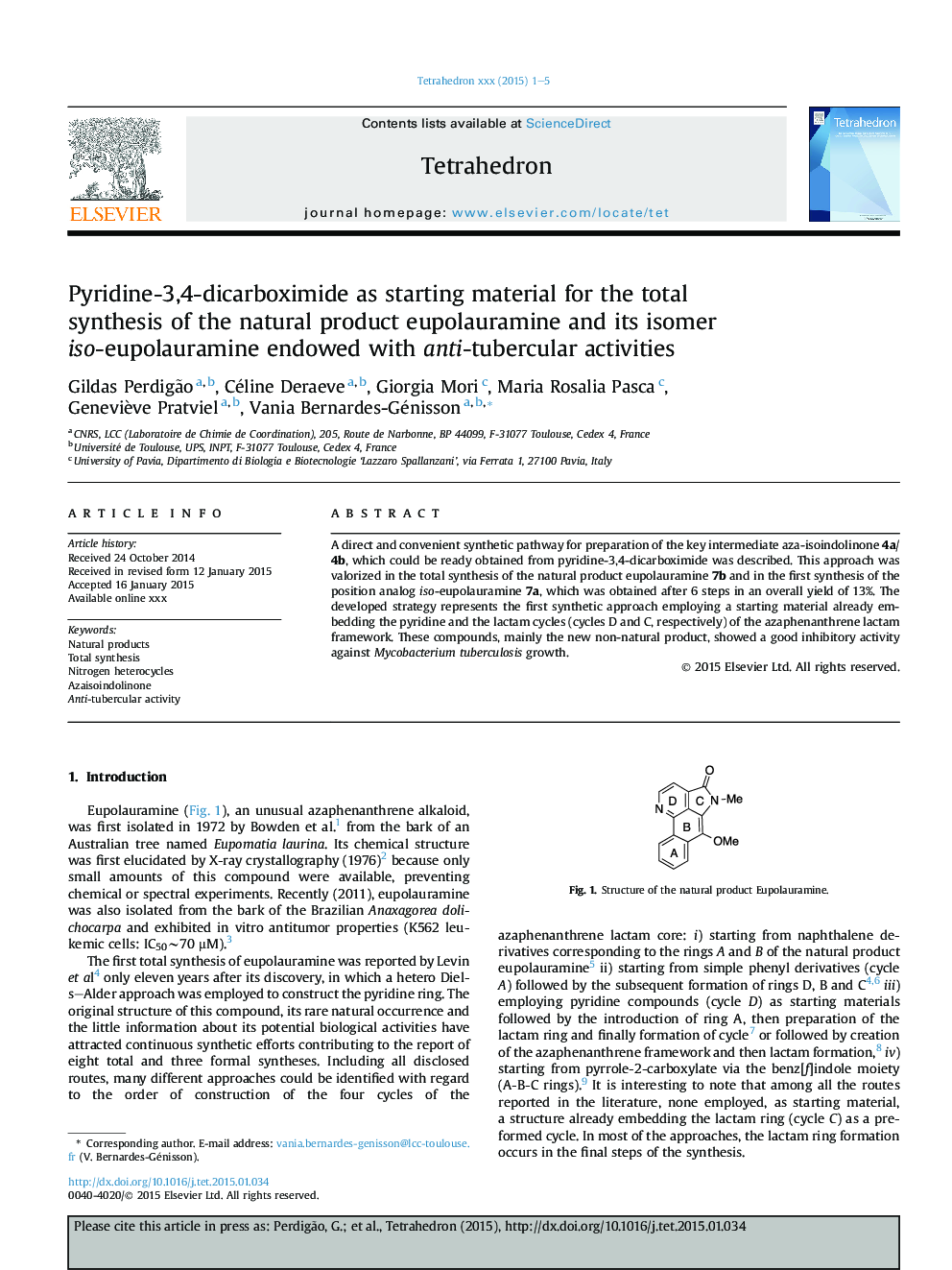 Pyridine-3,4-dicarboximide as starting material for the total synthesis of the natural product eupolauramine and its isomer iso-eupolauramine endowed with anti-tubercular activities