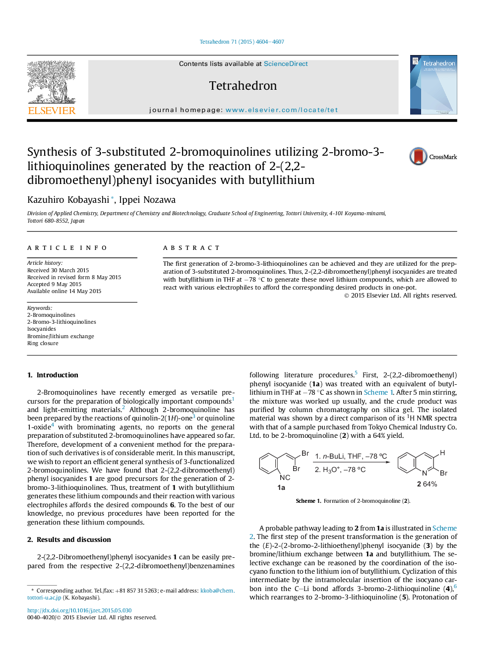 Synthesis of 3-substituted 2-bromoquinolines utilizing 2-bromo-3-lithioquinolines generated by the reaction of 2-(2,2-dibromoethenyl)phenyl isocyanides with butyllithium