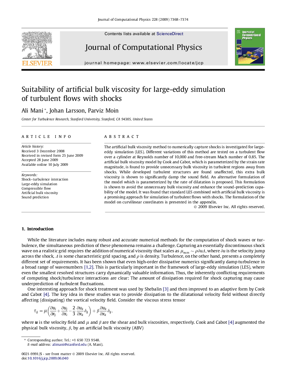 عکس صفحه اول مقاله: Suitability of artificial bulk viscosity for large-eddy simulation of turbulent flows with shocks Suitability of artificial bulk viscosity for large-eddy simulation of turbulent flows with shocks