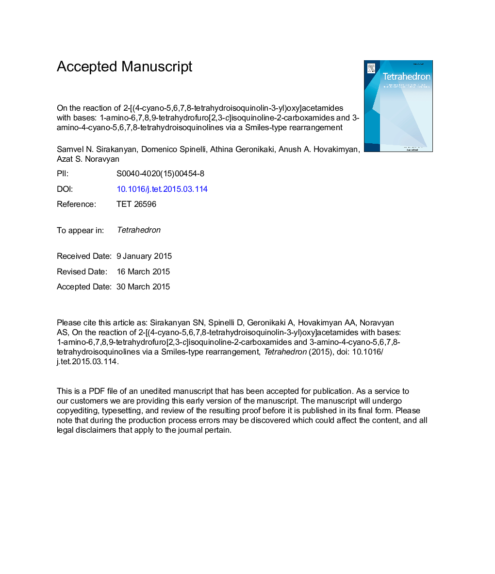 On the reaction of 2-[(4-cyano-5,6,7,8-tetrahydroisoquinolin-3-yl)oxy]acetamides with bases: 1-amino-6,7,8,9-tetrahydrofuro[2,3-c]isoquinoline-2-carboxamides and 3-amino-4-cyano-5,6,7,8-tetrahydroisoquinolines via a Smiles-type rearrangement