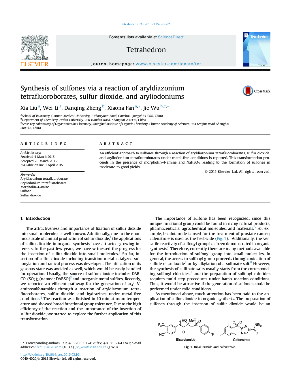 Synthesis of sulfones via a reaction of aryldiazonium tetrafluoroborates, sulfur dioxide, and aryliodoniums