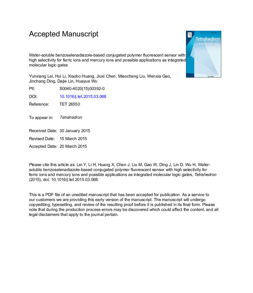 Water-soluble benzoselenadiazole-based conjugated polymer fluorescent sensor with high selectivity for ferric ions and mercury ions and possible applications as integrated molecular logic gates