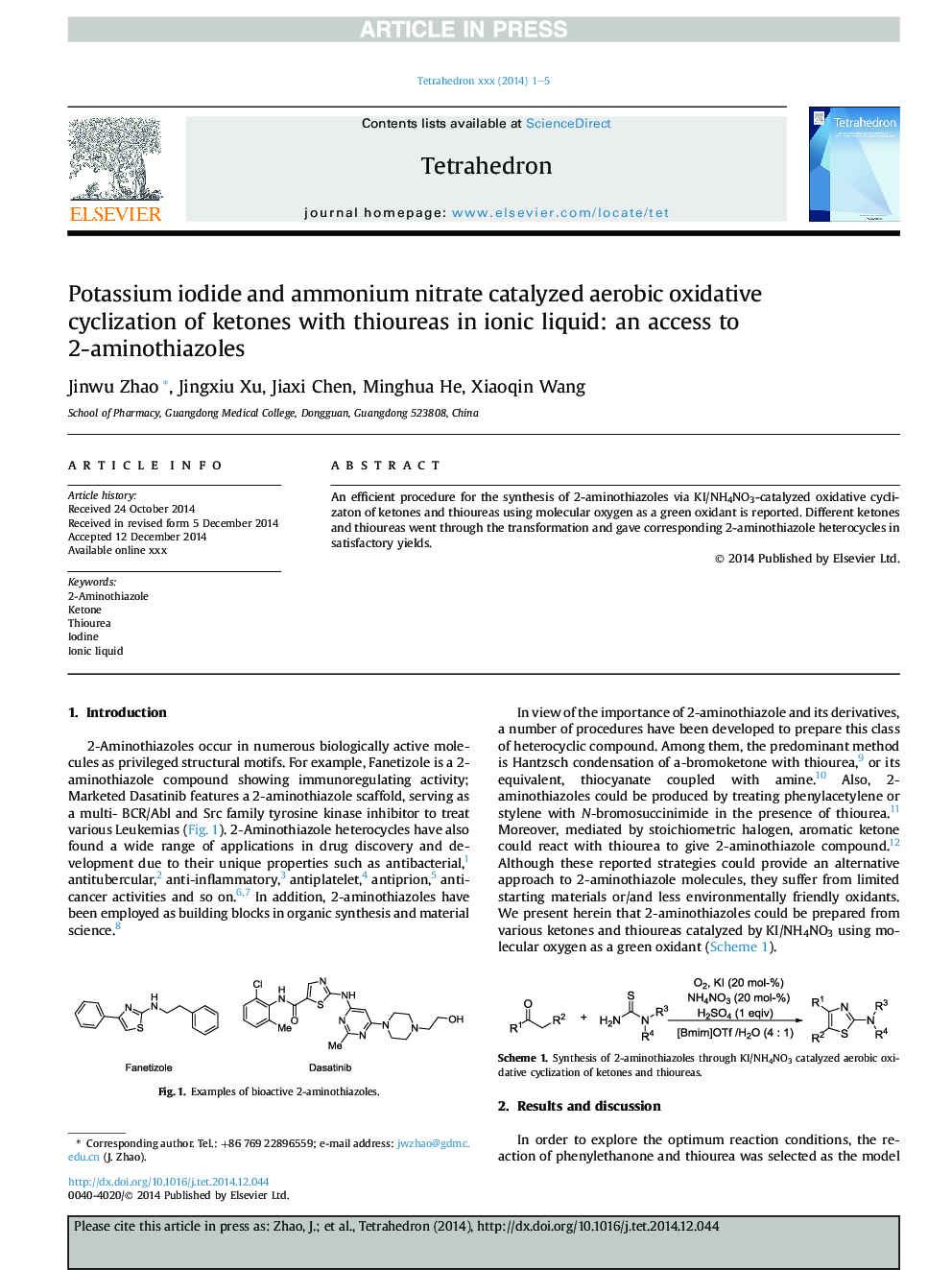 Potassium iodide and ammonium nitrate catalyzed aerobic oxidative cyclization of ketones with thioureas in ionic liquid: an access to 2-aminothiazoles