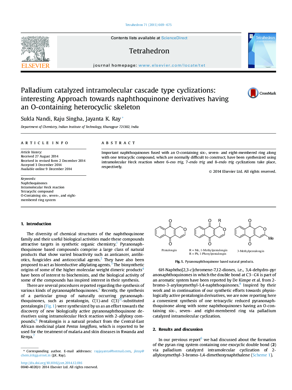 Palladium catalyzed intramolecular cascade type cyclizations: interesting Approach towards naphthoquinone derivatives having an O-containing heterocyclic skeleton