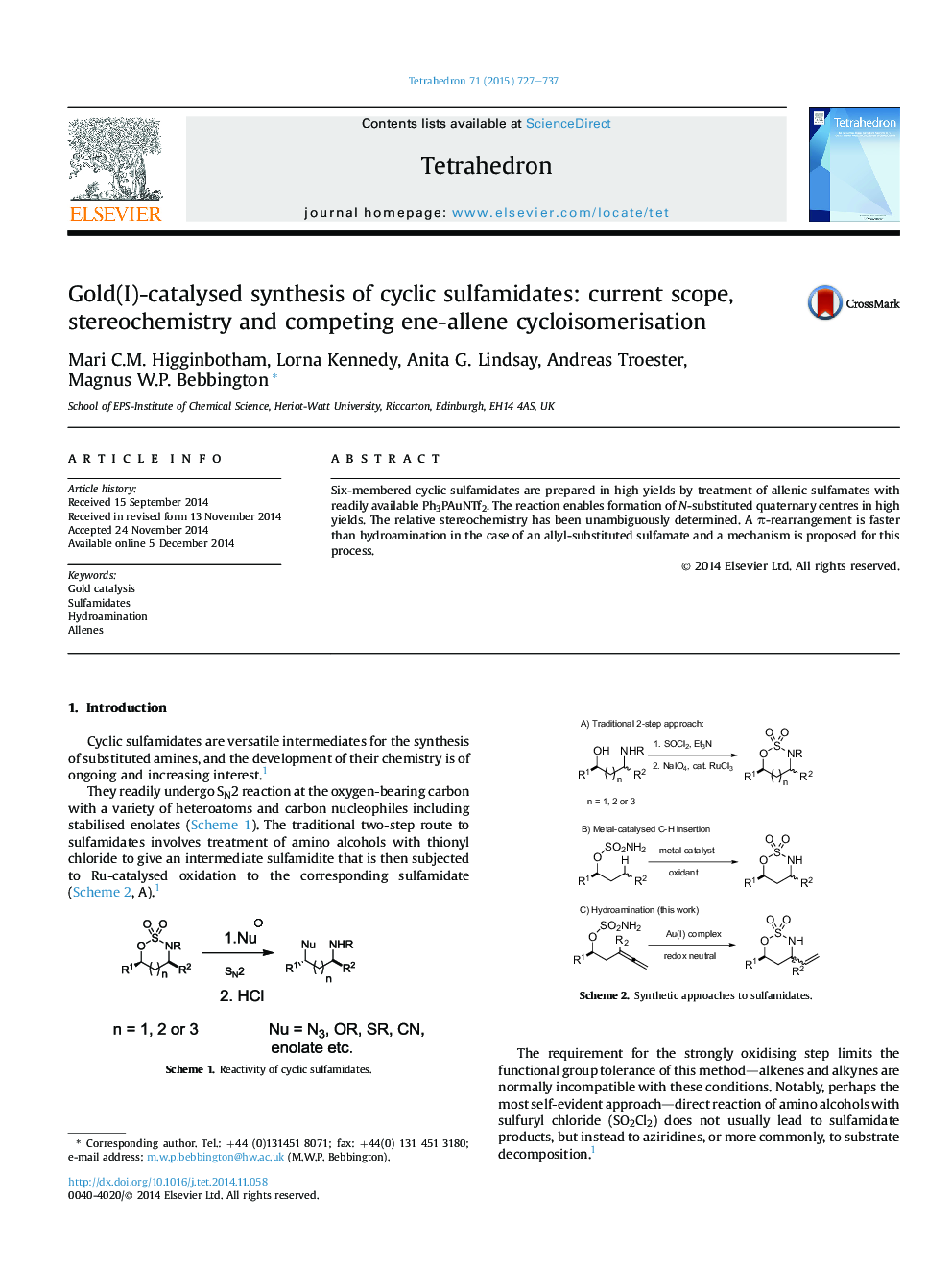 Gold(I)-catalysed synthesis of cyclic sulfamidates: current scope, stereochemistry and competing ene-allene cycloisomerisation