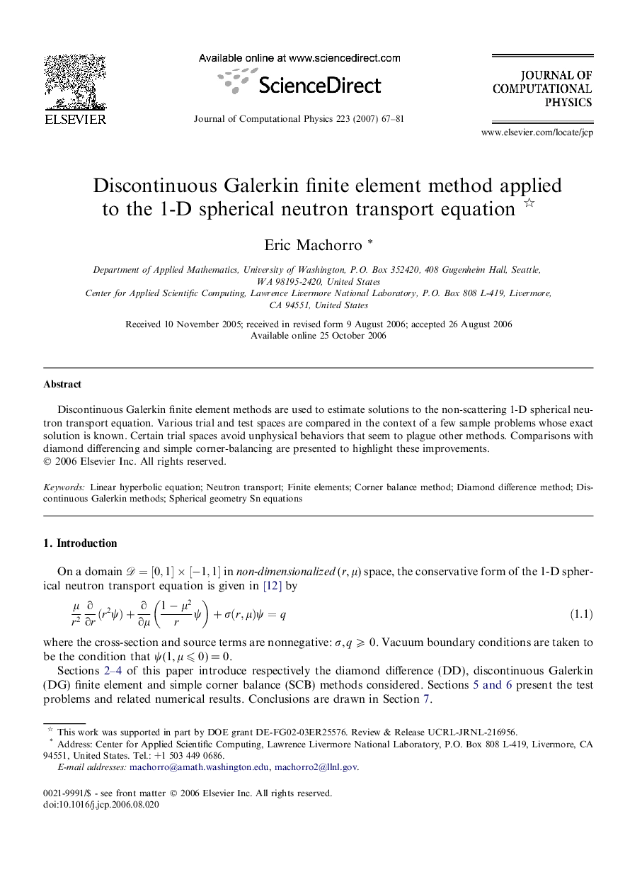 Discontinuous Galerkin finite element method applied to the 1-D spherical neutron transport equation 