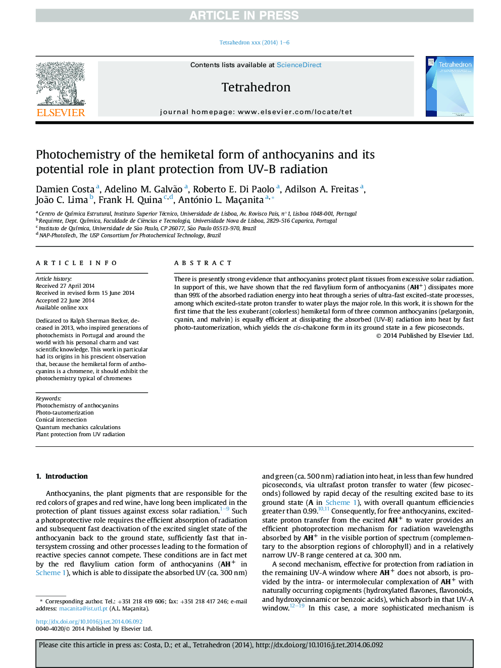 Photochemistry of the hemiketal form of anthocyanins and its potential role in plant protection from UV-B radiation