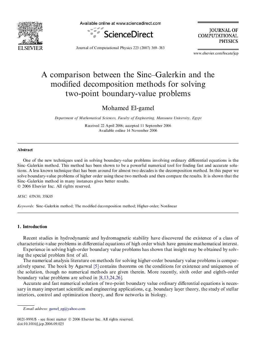 A comparison between the Sinc–Galerkin and the modified decomposition methods for solving two-point boundary-value problems