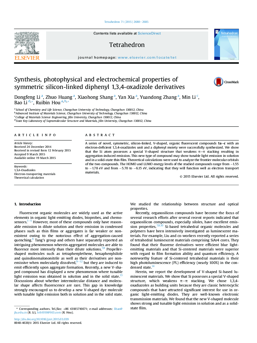 Synthesis, photophysical and electrochemical properties of symmetric silicon-linked diphenyl 1,3,4-oxadizole derivatives