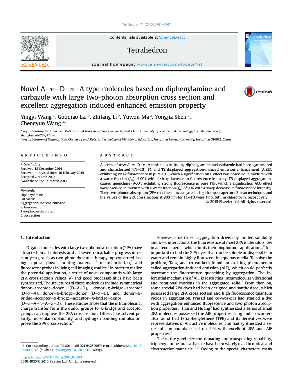 Novel A-Ï-D-Ï-A type molecules based on diphenylamine and carbazole with large two-photon absorption cross section and excellent aggregation-induced enhanced emission property