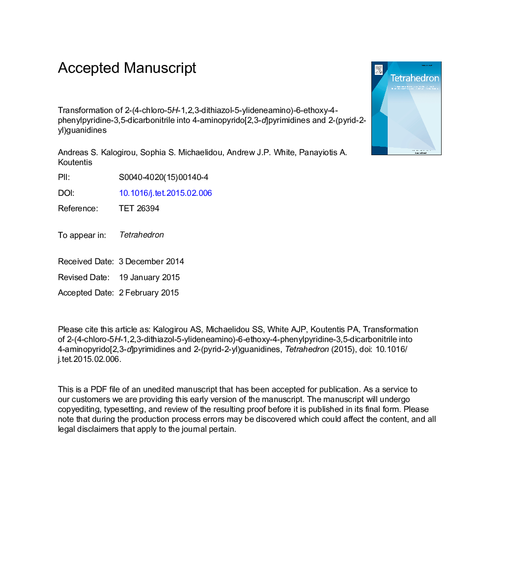 Transformation of 2-(4-chloro-5H-1,2,3-dithiazol-5-ylideneamino)-6-ethoxy-4-phenylpyridine-3,5-dicarbonitrile into 4-aminopyrido[2,3-d]pyrimidines and 2-(pyrid-2-yl)guanidines