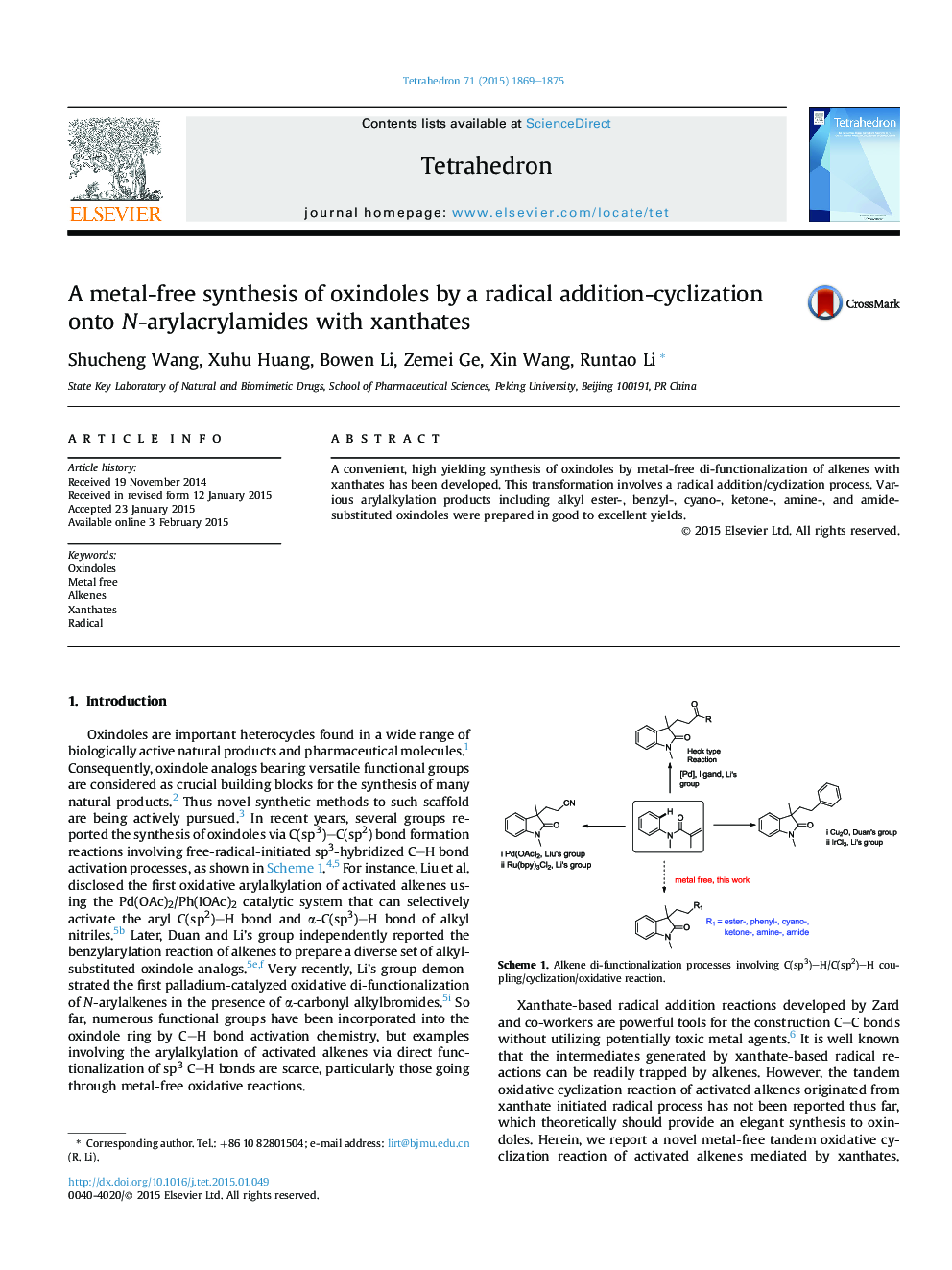 A metal-free synthesis of oxindoles by a radical addition-cyclization onto N-arylacrylamides with xanthates