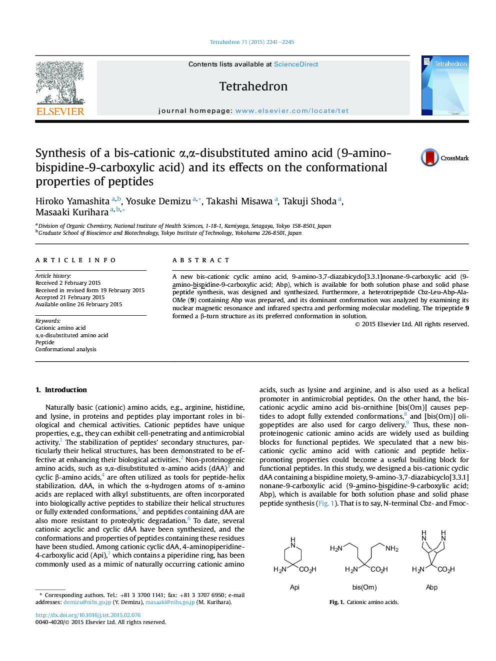 Synthesis of a bis-cationic Î±,Î±-disubstituted amino acid (9-amino-bispidine-9-carboxylic acid) and its effects on the conformational properties of peptides