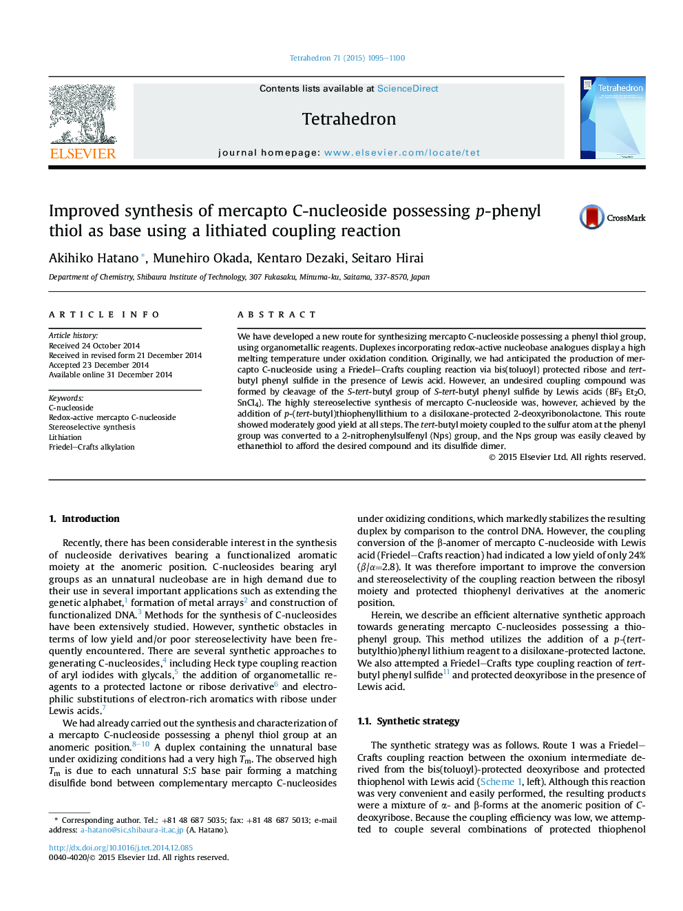 Improved synthesis of mercapto C-nucleoside possessing p-phenyl thiol as base using a lithiated coupling reaction